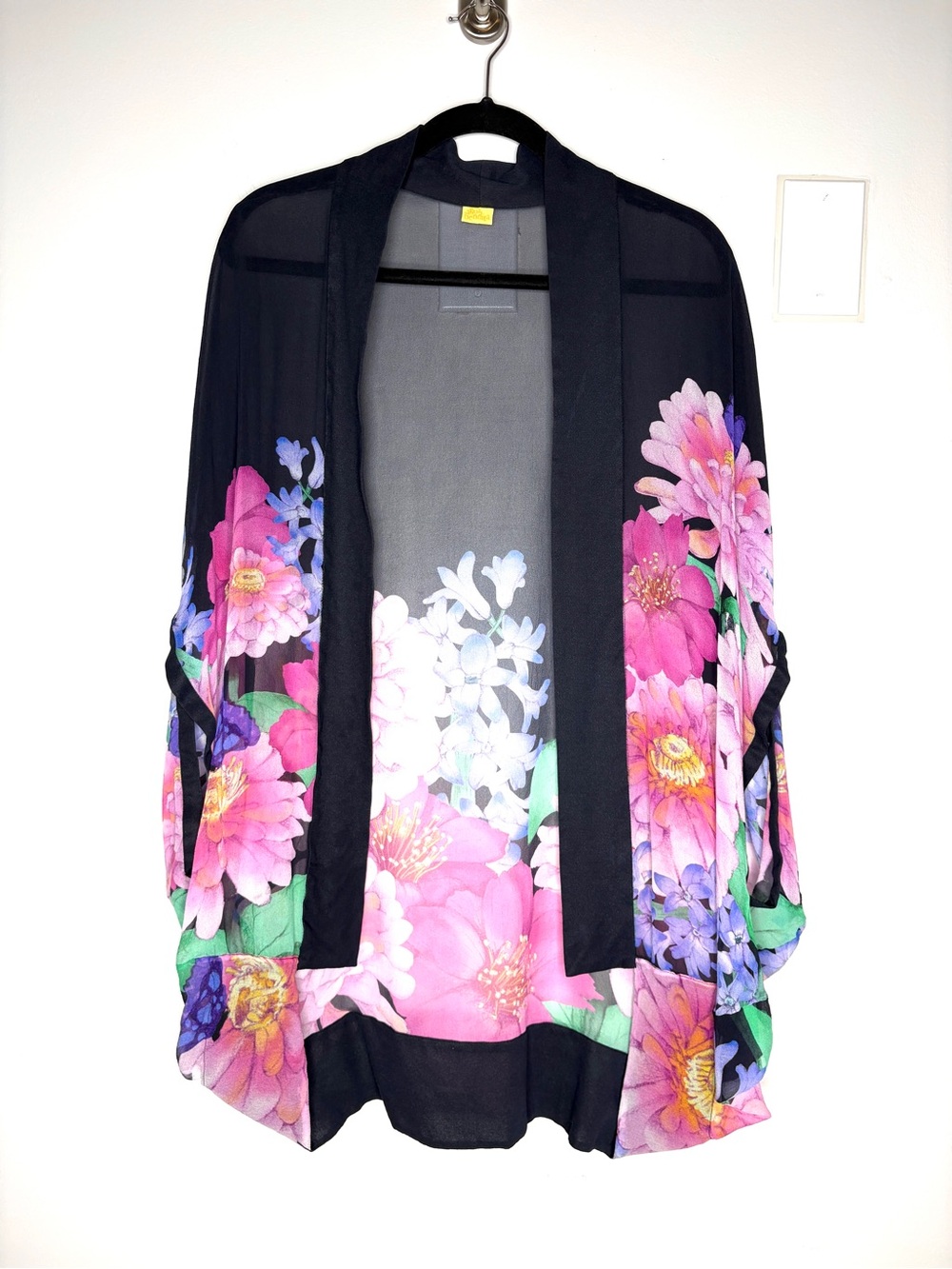 Agua Bendita One Size Sheer Silk Floral Kimono Cover Up Open Front Black Pink
